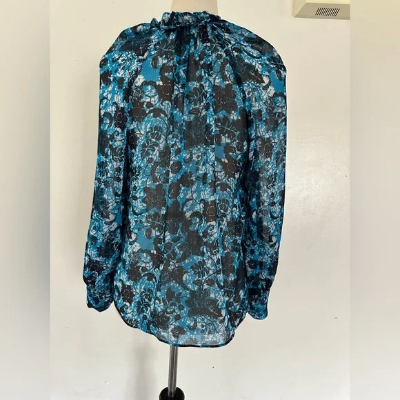 Anthropologie Chiffon Blouse Blue Floral Long Sleeve V-Neck size S - Picture 6 of 12